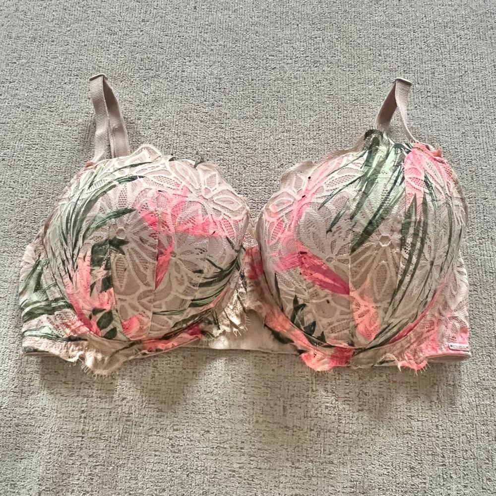 Victorias Secret PINK Push-Up Bra 36DD Tropical Palm Lace Tan Pink Underwire